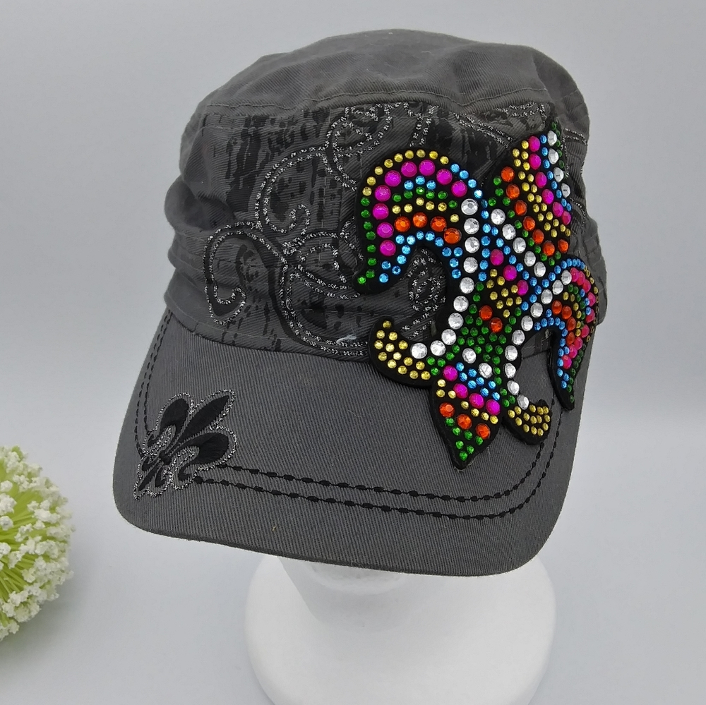*SOLD* KBETHOS Gray & Multicolor Crystal Embellished Fleur De Lis Military Hat - Picture 12 of 12